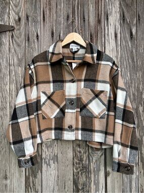 For The Republic Brown Cream Black Plaid Teddy Jacket